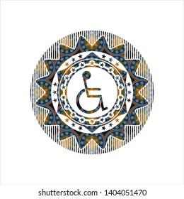 disabled (wheelchair) icon inside arabesque badge background. arabic decoration.