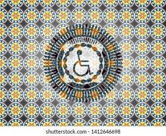 disabled (wheelchair) icon inside arabesque emblem background. arabic decoration.