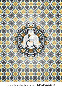 disabled (wheelchair) icon inside arabesque badge background. arabic decoration.