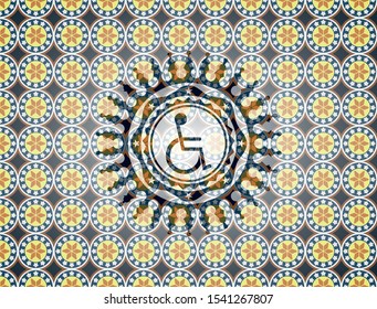 disabled (wheelchair) icon inside arabesque badge. arabic decoration.