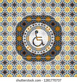 disabled (wheelchair) icon inside arabic emblem. Arabesque decoration.