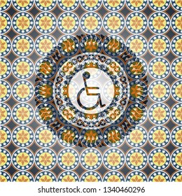 disabled (wheelchair) icon inside arabic style badge. Arabesque decoration.