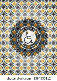 disabled (wheelchair) icon inside arabic style emblem. Arabesque decoration.