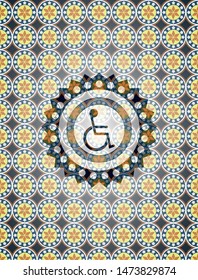 disabled (wheelchair) icon inside arabic emblem background. Arabesque decoration.