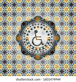 disabled (wheelchair) icon inside arabic emblem. Arabesque decoration.
