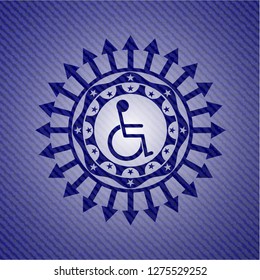 disabled (wheelchair) icon inside badge with denim background