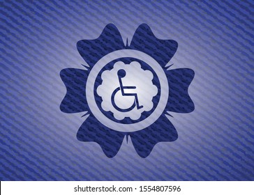 disabled (wheelchair) icon inside badge with denim texture