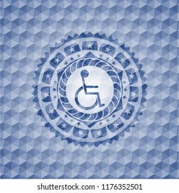 disabled (wheelchair) icon inside blue badge with geometric pattern background.