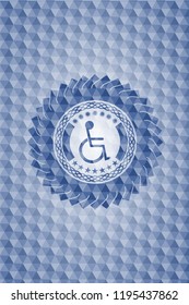 disabled (wheelchair) icon inside blue hexagon emblem.