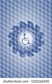 disabled (wheelchair) icon inside blue hexagon badge.