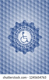 disabled (wheelchair) icon inside blue emblem or badge with geometric pattern background.