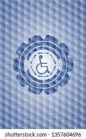 disabled (wheelchair) icon inside blue emblem or badge with geometric pattern background.