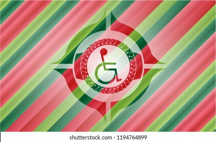 disabled (wheelchair) icon inside christmas badge background.