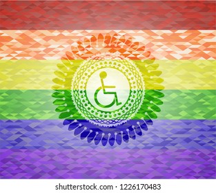 disabled (wheelchair) icon inside emblem on mosaic background with the colors of the LGBT flag