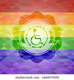 disabled (wheelchair) icon inside emblem on mosaic background with the colors of the LGBT flag