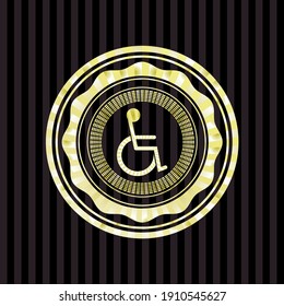 disabled (wheelchair) icon inside golden emblem or badge. 