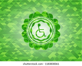 disabled (wheelchair) icon inside green emblem with mosaic ecological style background