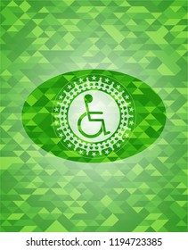 disabled (wheelchair) icon inside green emblem with triangle mosaic background