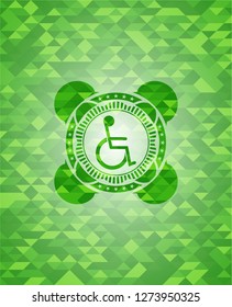 disabled (wheelchair) icon inside green emblem with mosaic ecological style background