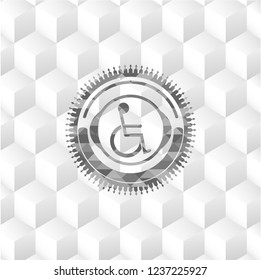 disabled (wheelchair) icon inside grey emblem. Vintage with geometric cube white background
