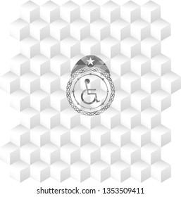 disabled (wheelchair) icon inside grey emblem with cube white background