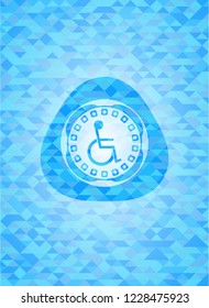 disabled (wheelchair) icon inside light blue emblem. Mosaic background