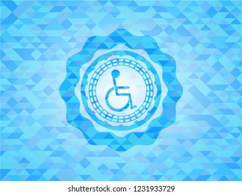 disabled (wheelchair) icon inside light blue mosaic emblem