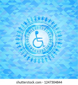 disabled (wheelchair) icon inside light blue emblem with mosaic ecological style background