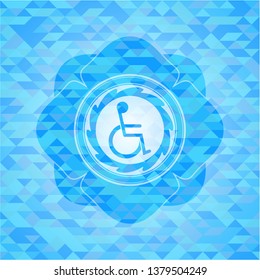 disabled (wheelchair) icon inside light blue emblem. Mosaic background