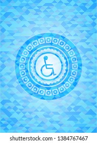 disabled (wheelchair) icon inside light blue emblem with mosaic ecological style background