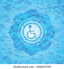 disabled (wheelchair) icon inside light blue emblem with mosaic background