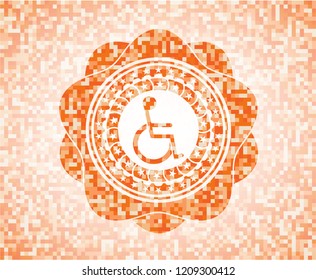 disabled (wheelchair) icon inside orange mosaic emblem with background