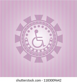 disabled (wheelchair) icon inside pink emblem. Vintage.