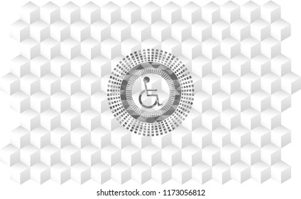 disabled (wheelchair) icon inside realistic grey emblem with geometric cube white background