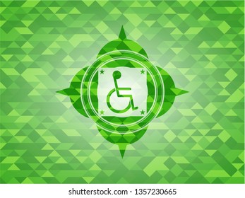 disabled (wheelchair) icon inside realistic green emblem. Mosaic background
