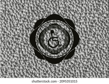 disabled (wheelchair) icon inside realistic dark emblem with bubbles background. Vector Illustration. Detailed. 