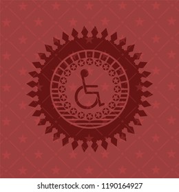 disabled (wheelchair) icon inside red emblem. Vintage.