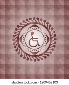 disabled (wheelchair) icon inside red seamless geometric pattern emblem. Seamless.