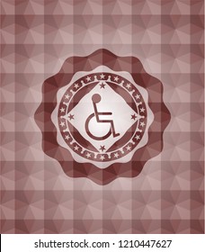 disabled (wheelchair) icon inside red emblem or badge with abstract geometric pattern background. Seamless.