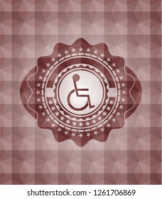 disabled (wheelchair) icon inside red seamless emblem with geometric pattern.