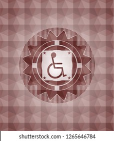 disabled (wheelchair) icon inside red emblem or badge with abstract geometric polygonal pattern background. Seamless.