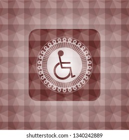 disabled (wheelchair) icon inside red geometric pattern emblem. Seamless.