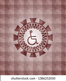 disabled (wheelchair) icon inside red emblem with geometric pattern. Seamless.