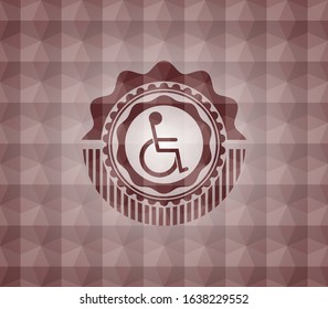 disabled (wheelchair) icon inside red emblem or badge with geometric pattern background. Seamless.