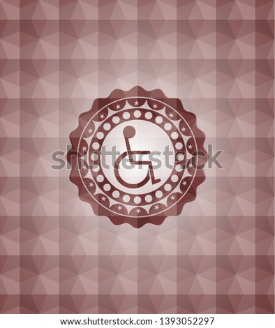 disabled (wheelchair) icon inside red emblem with geometric pattern background. Seamless.
