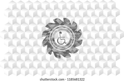 disabled (wheelchair) icon inside retro style grey emblem with geometric cube white background