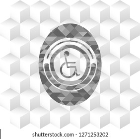 disabled (wheelchair) icon inside retro style grey emblem with geometric cube white background
