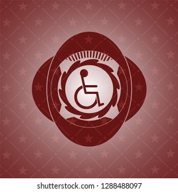 disabled (wheelchair) icon inside retro style red emblem
