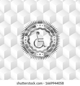 disabled (wheelchair) icon inside retro style grey emblem with geometric cube white background