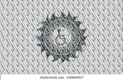 disabled (wheelchair) icon inside silver color emblem or badge. Scales pattern. Vector Illustration. Detailed.